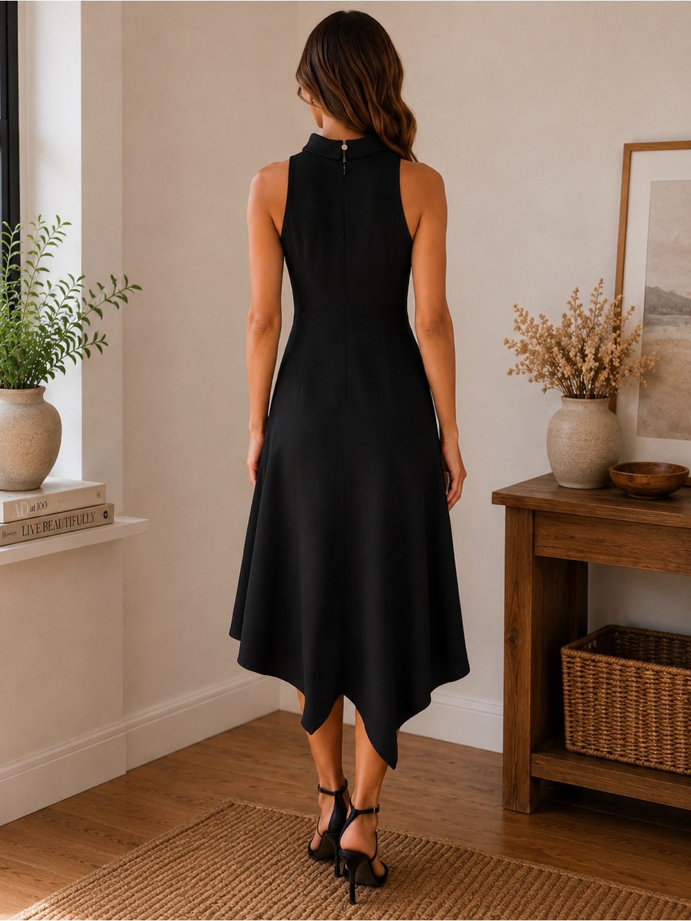 WOOSEA Black Sleeveless Mock Neck Midi Dress Size Small Elegant Handkerchief Hem